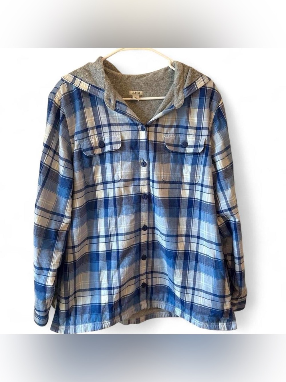 L.L. Bean Blue and Gray Plaid Hooded Flannel Shirt